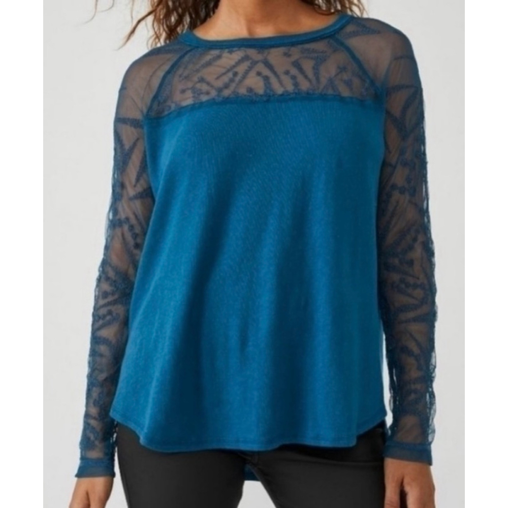 Women's Free People Sidney Embroidered Teal Long Sleeve Top M